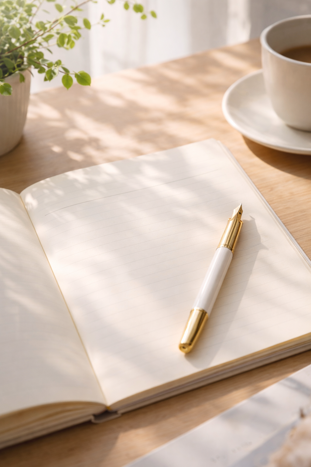 朝の光が差し込む机の上のノートとペン